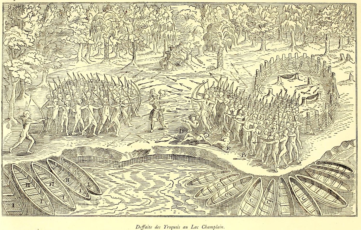 Engraving of the fight. In the center Champlain, in armor and a plumed helmet, fires his gun at the Iroquois. Two chiefs with feathered headdresses lie on the ground before ranks of Iroquois archers and their fort of stakes, at right. His allies shoot arrows from the left, two Frenchmen fire from the woods at the top, and canoes are drawn up along the shore below.